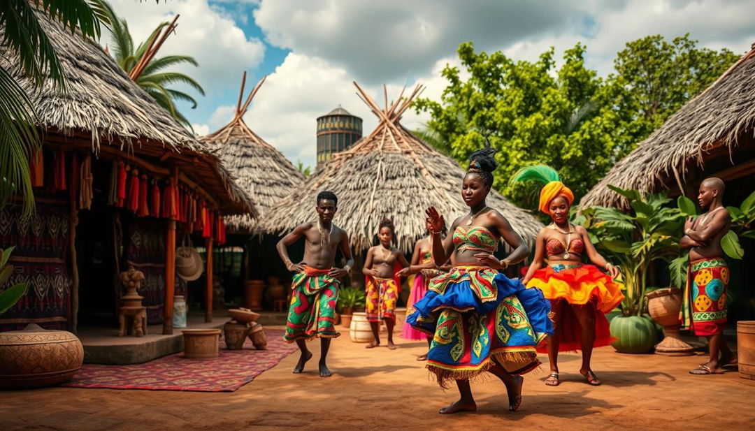 An eye-catching and vibrant scene set against a traditional African tribal background, featuring intricate patterns, colorful textiles, and authentic tribal artifacts