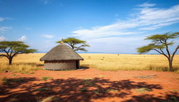 A serene and realistic depiction of a traditional African tribal background, featuring a picturesque landscape that includes intricately designed tribal huts made from natural materials