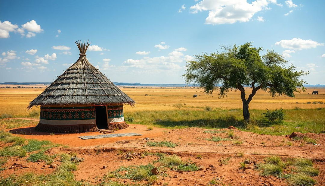 A serene and realistic depiction of a traditional African tribal background, featuring a picturesque landscape that includes intricately designed tribal huts made from natural materials