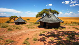 A serene and realistic depiction of a traditional African tribal background, featuring a picturesque landscape that includes intricately designed tribal huts made from natural materials