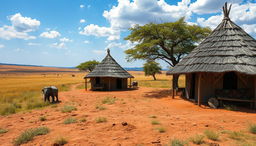 A serene and realistic depiction of a traditional African tribal background, featuring a picturesque landscape that includes intricately designed tribal huts made from natural materials