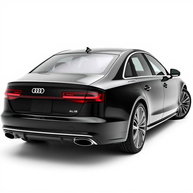 A stunning black Audi A8 viewed from the rear on a clean, bright white background, showcasing the sleek lines and elegant design of the car