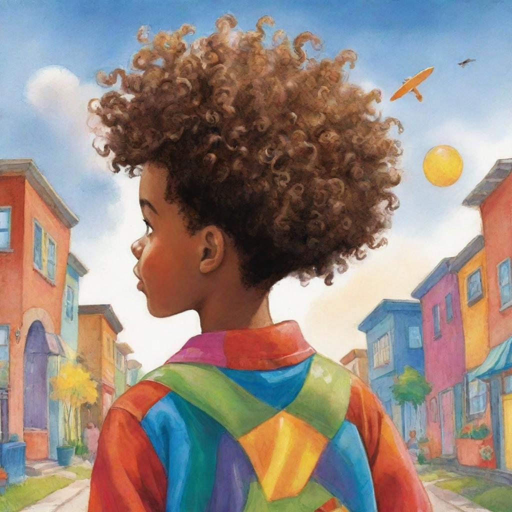 Illustration from a children's book showing the back of an African American boy. He's looking away, exploring a colorful world. He has curly hair, is wearing bright, cheerful clothing, and radiates a sense of curiosity and adventure.