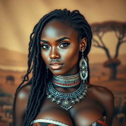 A captivating portrait of a sexy woman from an African tribe, showcasing her confident and sensual demeanor