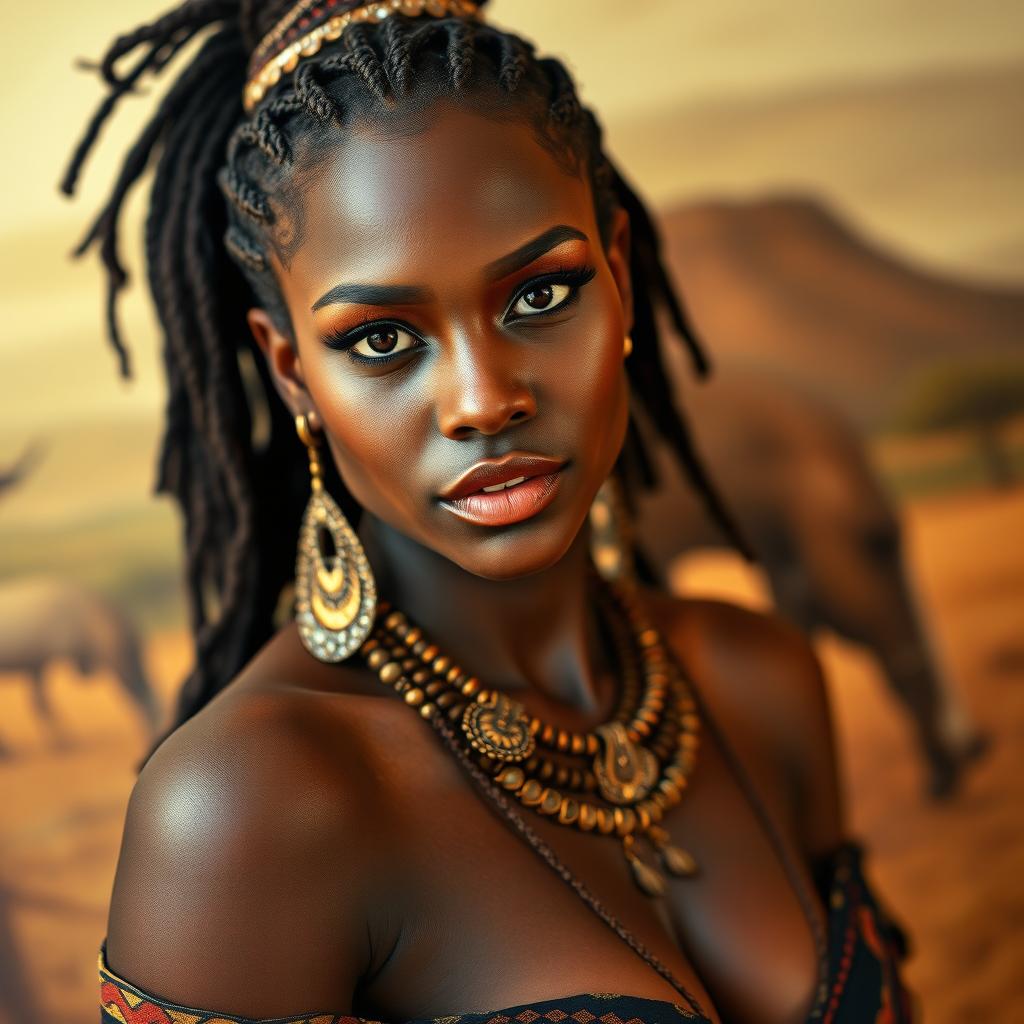 A captivating portrait of a sexy woman from an African tribe, showcasing her confident and sensual demeanor