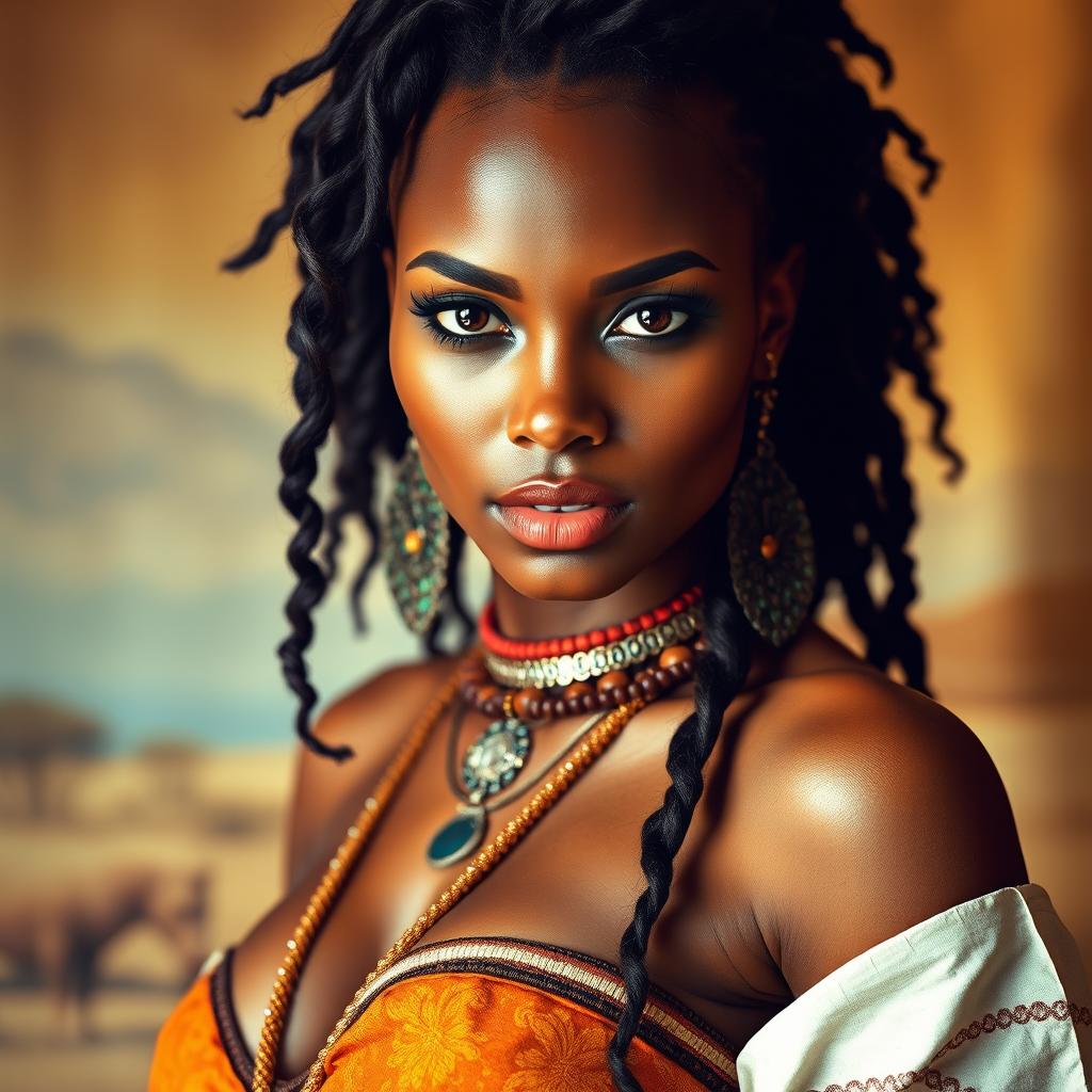 A captivating portrait of a sexy woman from an African tribe, showcasing her confident and sensual demeanor