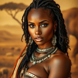 A captivating portrait of a sexy woman from an African tribe, showcasing her confident and sensual demeanor