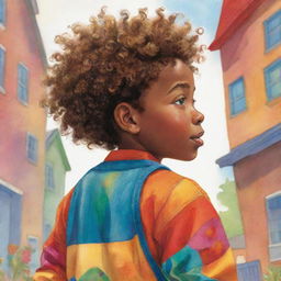 Illustration from a children's book showing the back of an African American boy. He's looking away, exploring a colorful world. He has curly hair, is wearing bright, cheerful clothing, and radiates a sense of curiosity and adventure.