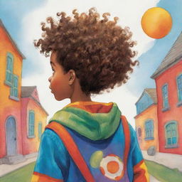 Illustration from a children's book showing the back of an African American boy. He's looking away, exploring a colorful world. He has curly hair, is wearing bright, cheerful clothing, and radiates a sense of curiosity and adventure.