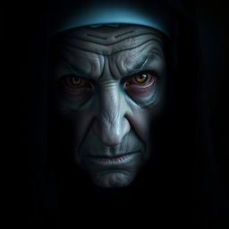 A close-up portrait of an elderly, sinister nun staring directly at the camera