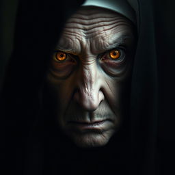 A close-up portrait of an elderly, sinister nun staring directly at the camera