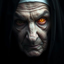 A close-up portrait of an elderly, sinister nun staring directly at the camera