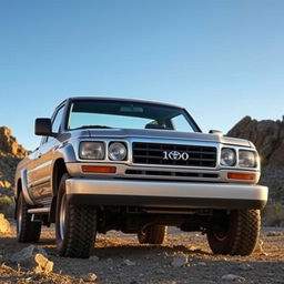 A detailed view of a 2001 Toyota Land Cruiser 100 pickup truck, showcasing its robust and rugged design from the early 2000s