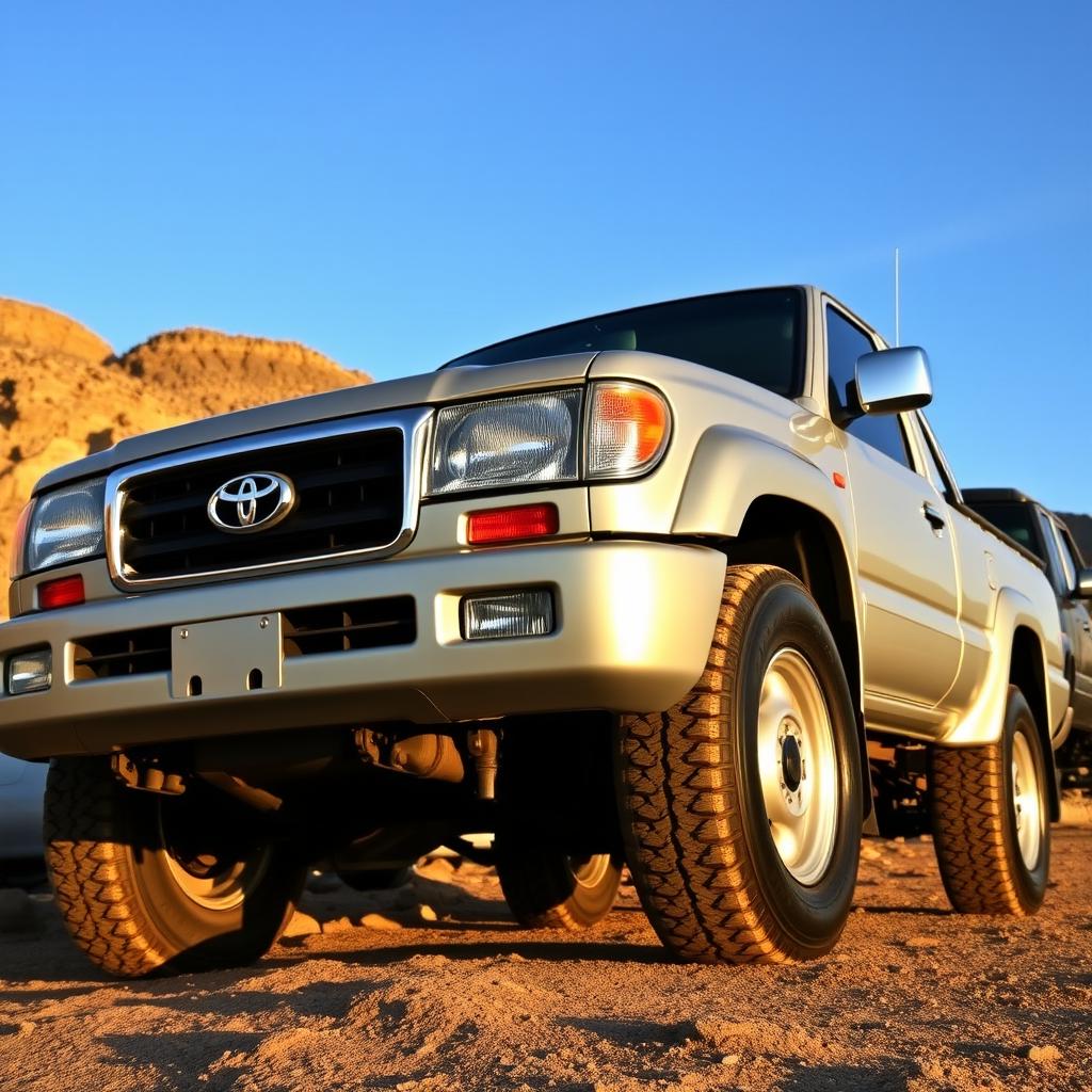 A detailed view of a 2001 Toyota Land Cruiser 100 pickup truck, showcasing its robust and rugged design from the early 2000s