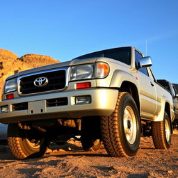 A detailed view of a 2001 Toyota Land Cruiser 100 pickup truck, showcasing its robust and rugged design from the early 2000s