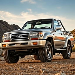 A detailed view of a 2001 Toyota Land Cruiser 100 pickup truck, showcasing its robust and rugged design from the early 2000s