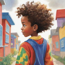 Illustration from a children's book showing the back of an African American boy. He's looking away, exploring a colorful world. He has curly hair, is wearing bright, cheerful clothing, and radiates a sense of curiosity and adventure.