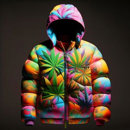 A streetwear style puffer jacket, infused with the vibrant, hallucinatory art of Takashi Murakami, featuring a detailed, exquisitely rendered marijuana leaf as the main design.