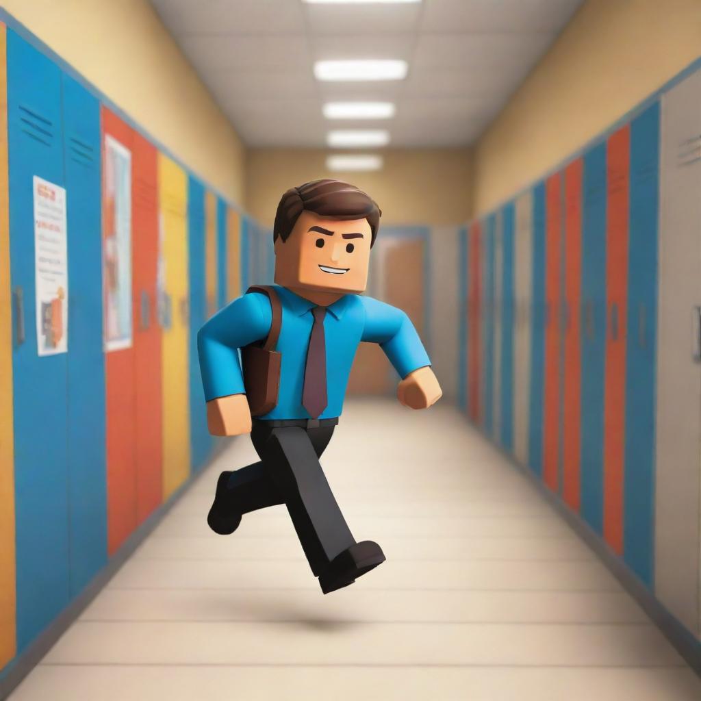 A dynamic Roblox character, boldly colored and blocky, dashing down a detailed school hallway, with lockers lining the sides and classroom doors open. In the distance, a caricatured robust teacher is chasing the character.