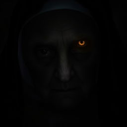 A close-up portrait of an elderly, sinister nun gazing directly at the camera