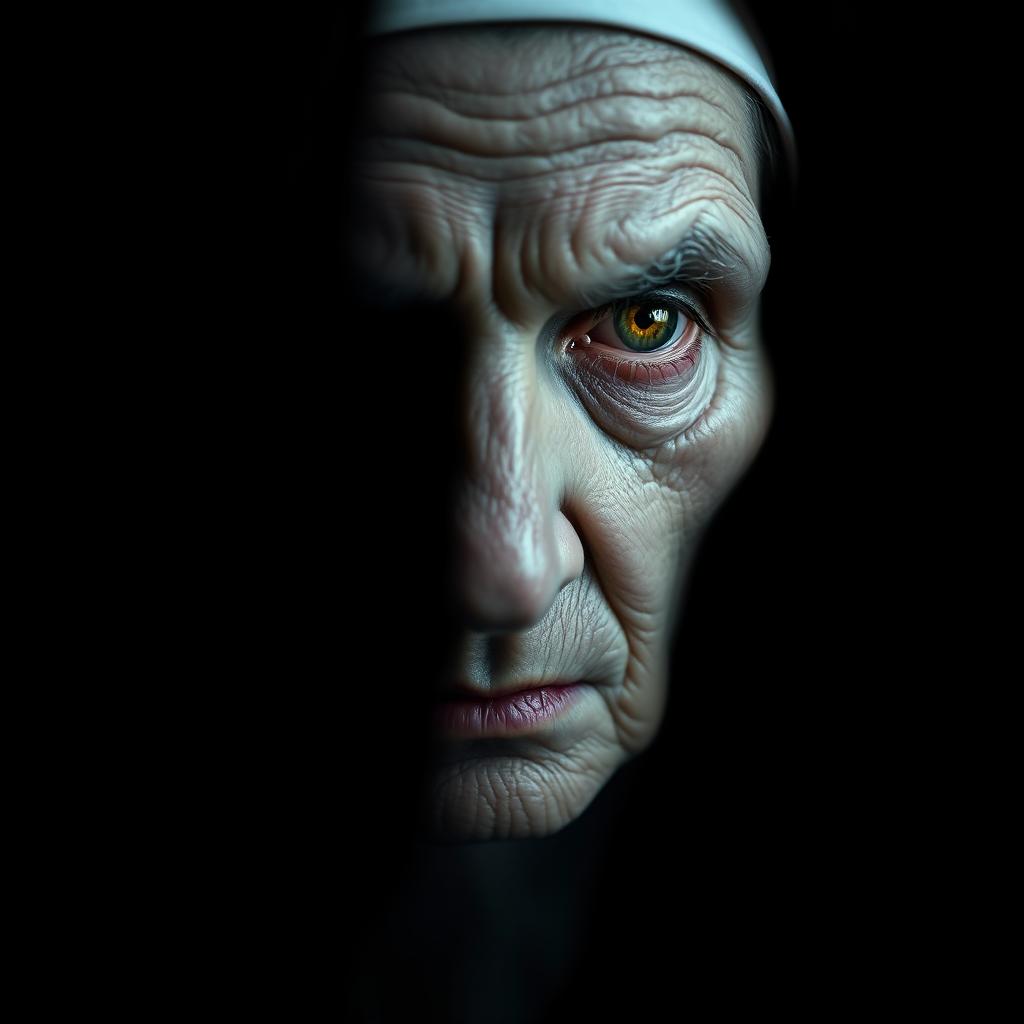 A close-up portrait of an elderly, sinister nun gazing directly at the camera