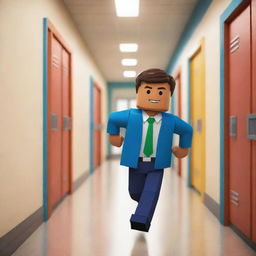 A dynamic Roblox character, boldly colored and blocky, dashing down a detailed school hallway, with lockers lining the sides and classroom doors open. In the distance, a caricatured robust teacher is chasing the character.