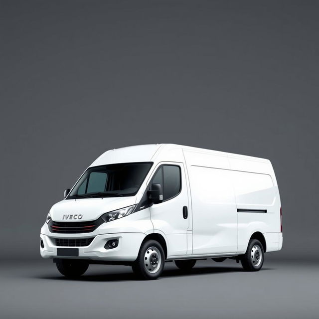 A sleek white Iveco Daily against a smooth gray background, emphasizing the van's modern design and clean lines