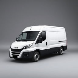 A sleek white Iveco Daily against a smooth gray background, emphasizing the van's modern design and clean lines