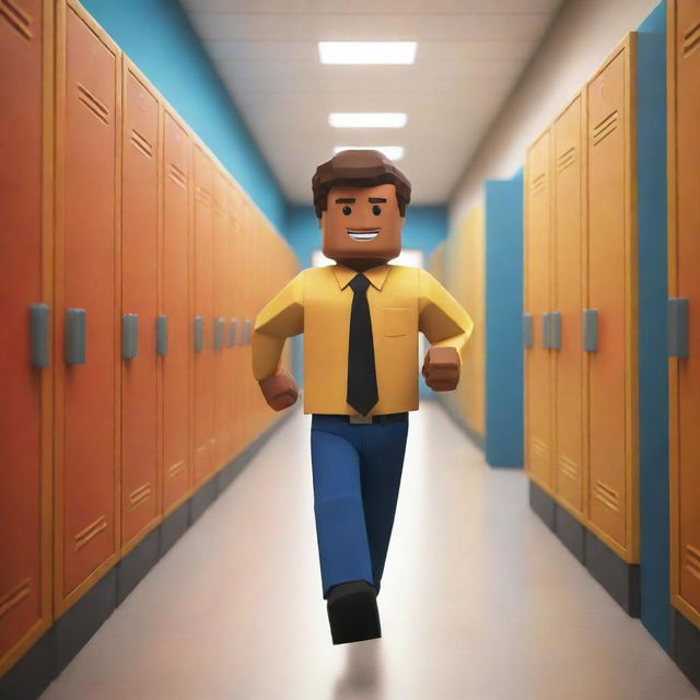 A dynamic Roblox character, boldly colored and blocky, dashing down a detailed school hallway, with lockers lining the sides and classroom doors open. In the distance, a caricatured robust teacher is chasing the character.