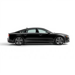 A sleek and elegant black Audi A8 captured from the side view on a crisp white background, highlighting the car's smooth contours, stylish wheels, and luxurious design elements