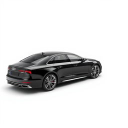 A sleek and elegant black Audi A8 captured from the side view on a crisp white background, highlighting the car's smooth contours, stylish wheels, and luxurious design elements