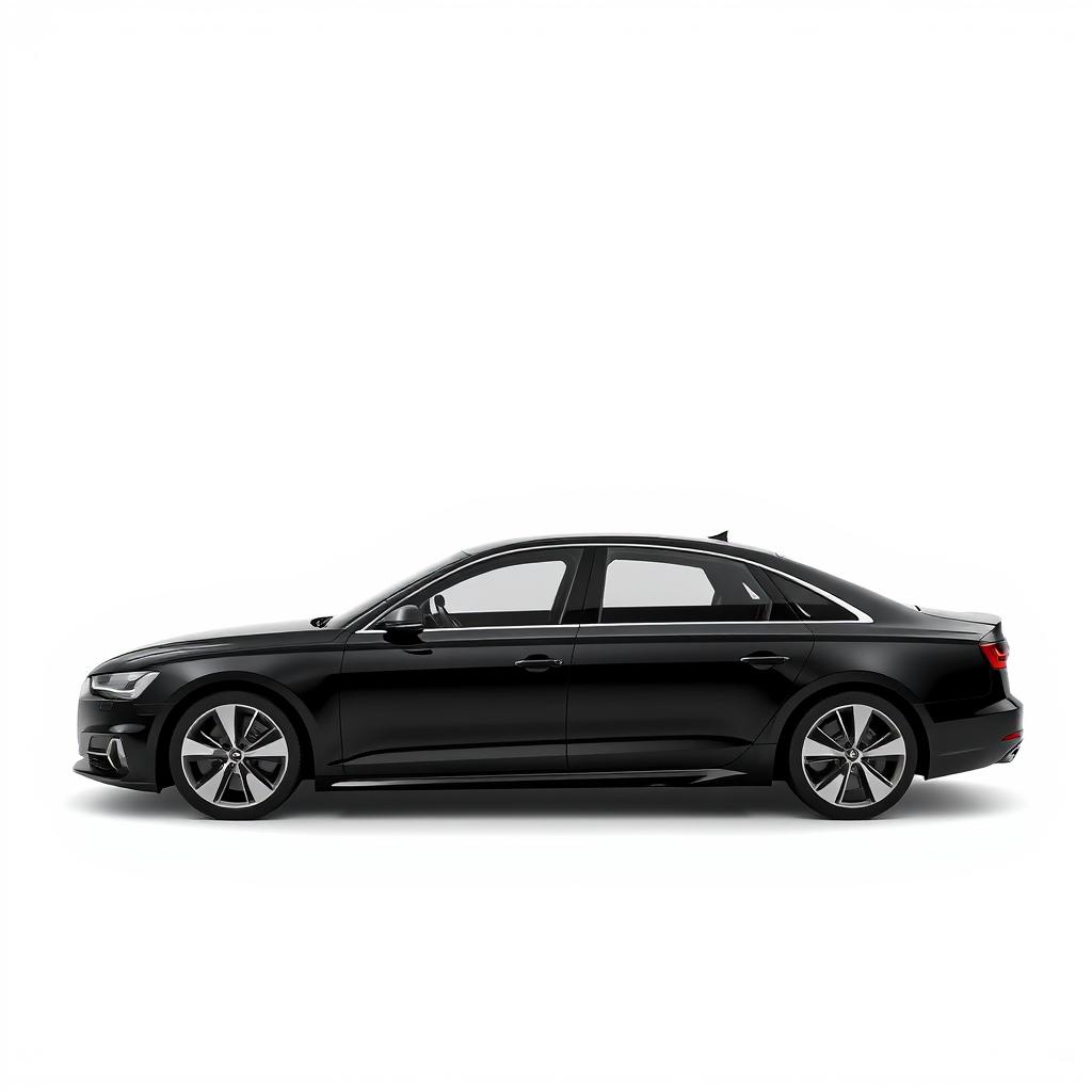 A sleek and elegant black Audi A8 captured from the side view on a crisp white background, highlighting the car's smooth contours, stylish wheels, and luxurious design elements