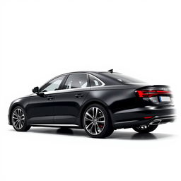 A sleek and elegant black Audi A8 captured from the side view on a crisp white background, highlighting the car's smooth contours, stylish wheels, and luxurious design elements