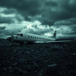 A scene of a crashed airplane on rocky, desolate terrain under a dark, stormy sky