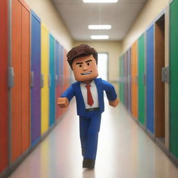 A dynamic Roblox character, boldly colored and blocky, dashing down a detailed school hallway, with lockers lining the sides and classroom doors open. In the distance, a caricatured robust teacher is chasing the character.