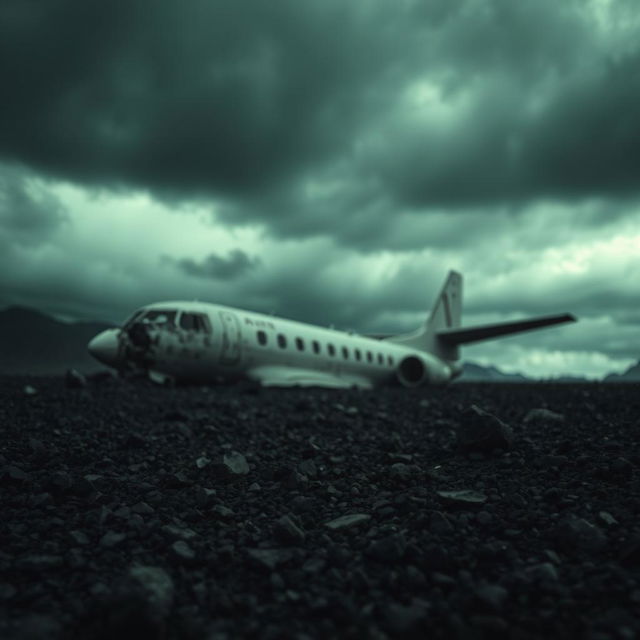 A scene of a crashed airplane on rocky, desolate terrain under a dark, stormy sky