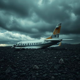 A scene of a crashed airplane on rocky, desolate terrain under a dark, stormy sky