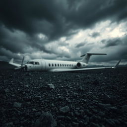 A scene of a crashed airplane on rocky, desolate terrain under a dark, stormy sky