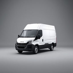 A sleek white Iveco Daily set against a smooth gray background, highlighting the van's modern contours and polished surface