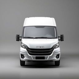 A sleek white Iveco Daily set against a smooth gray background, highlighting the van's modern contours and polished surface