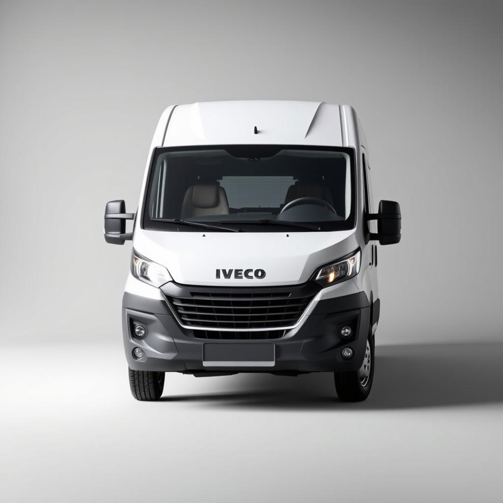 A sleek white Iveco Daily set against a smooth gray background, highlighting the van's modern contours and polished surface