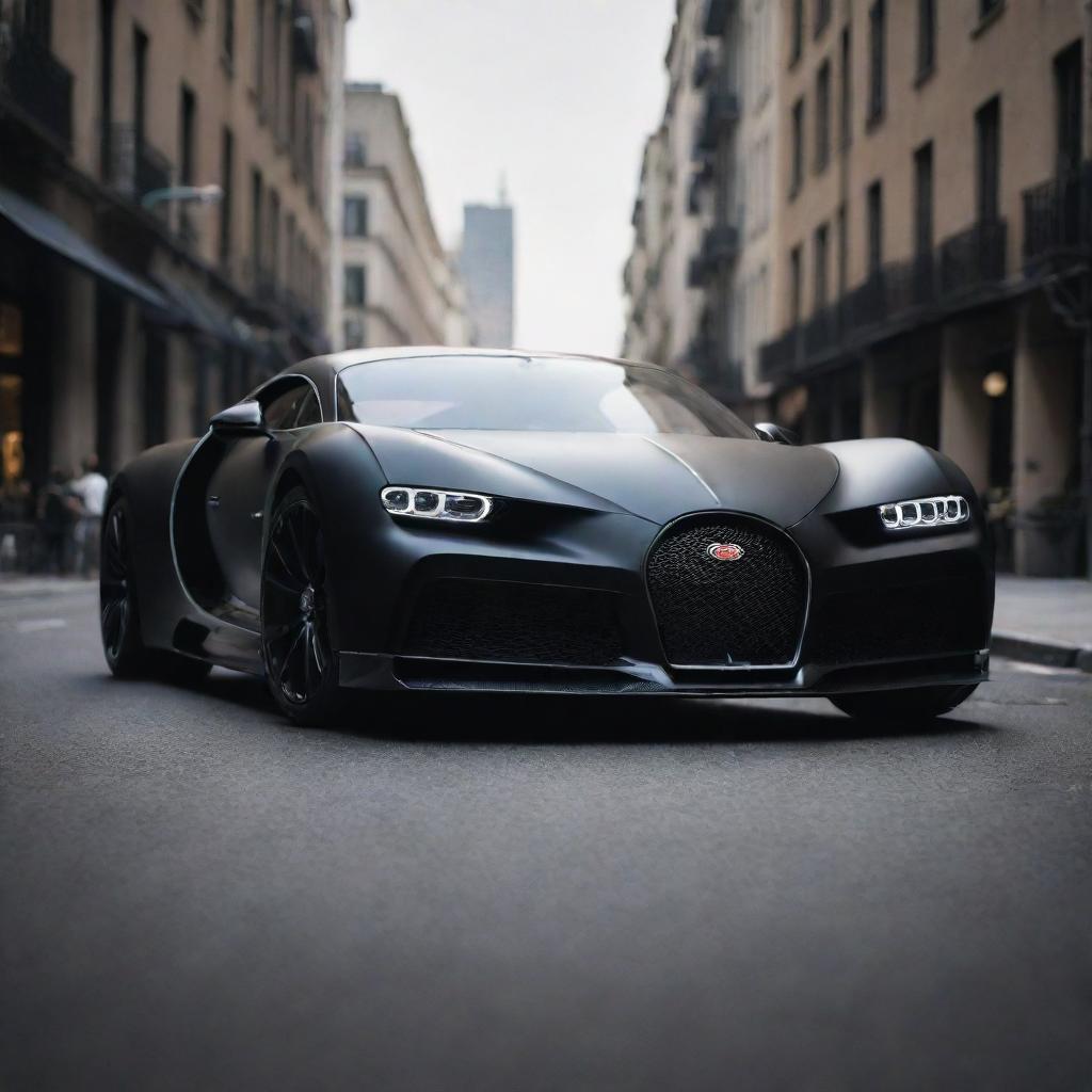 A striking image capturing the magnificence of a matte black Bugatti La Voiture Noire, standing elegantly on a bustling city street.