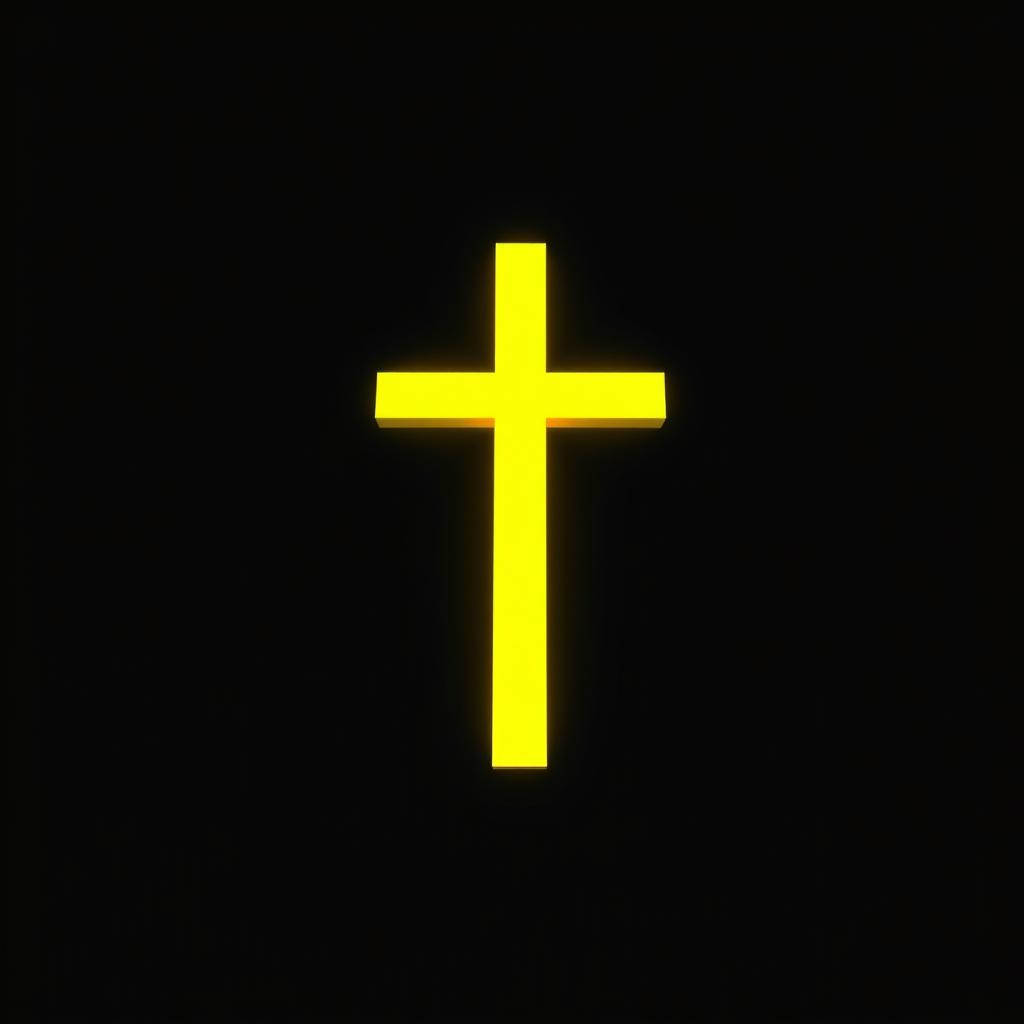 An inverted cross glowing vibrantly in yellow against a deep black background