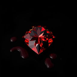 A stunning red diamond adorned with golden sparkles, artistically placed on a deep black background