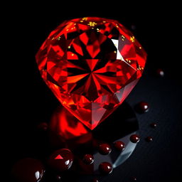 A stunning red diamond adorned with golden sparkles, artistically placed on a deep black background