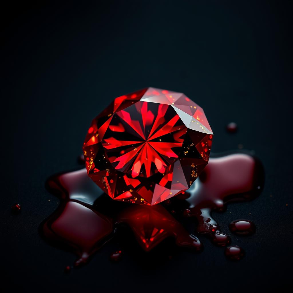 A stunning red diamond adorned with golden sparkles, artistically placed on a deep black background