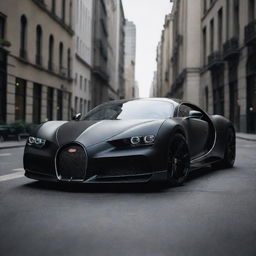 A striking image capturing the magnificence of a matte black Bugatti La Voiture Noire, standing elegantly on a bustling city street.