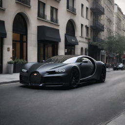 A striking image capturing the magnificence of a matte black Bugatti La Voiture Noire, standing elegantly on a bustling city street.