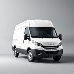 A sleek white Iveco Daily positioned against a smooth gray background, accentuating the van's modern and stylish design