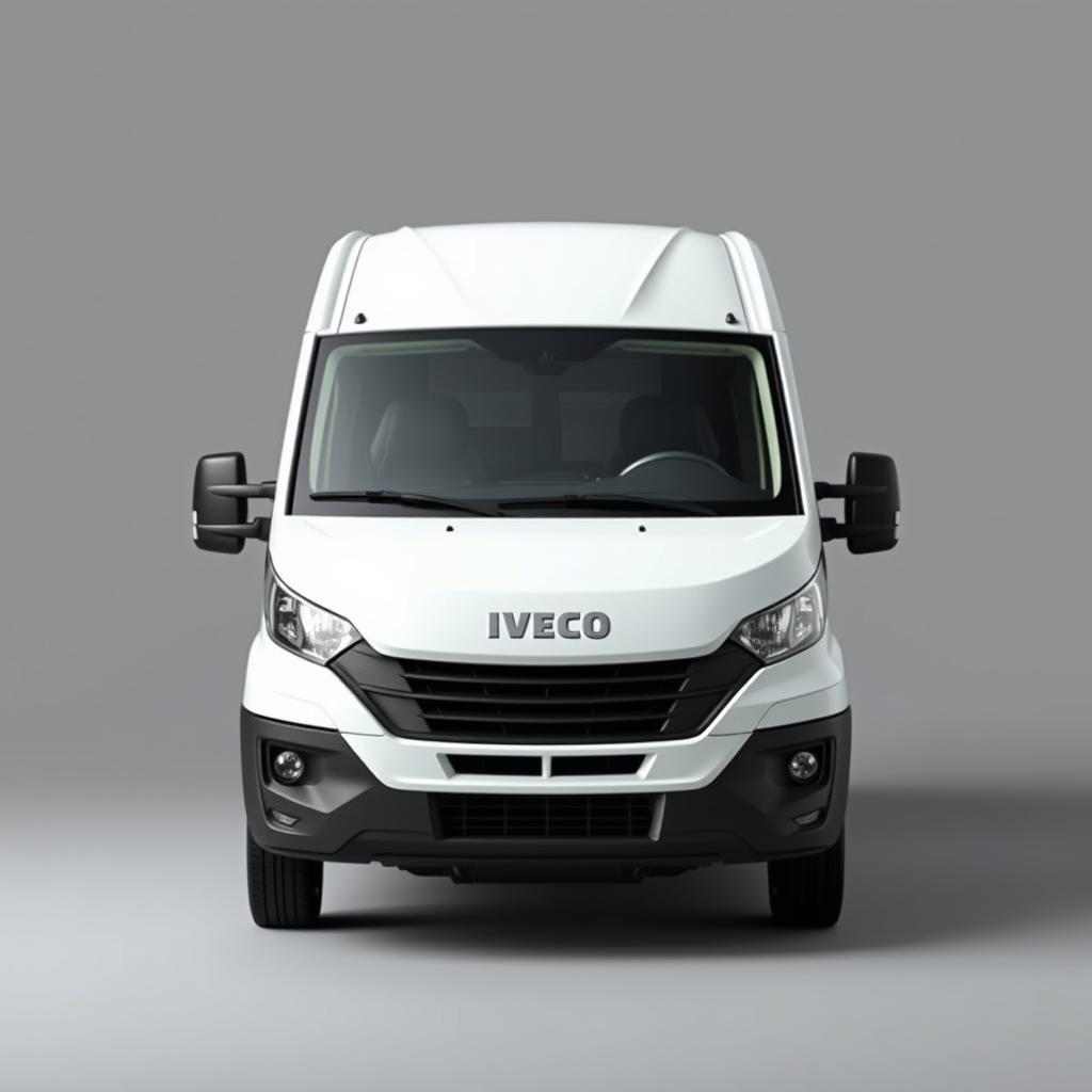 A sleek white Iveco Daily positioned against a smooth gray background, accentuating the van's modern and stylish design